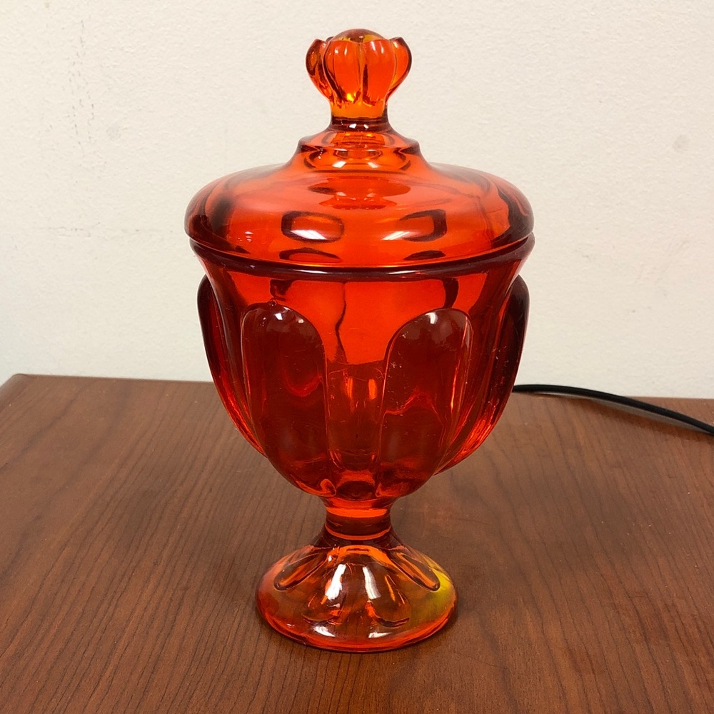 Viking Red Glass Covered Candy Jar style glass Epic Line Persimmon Orange